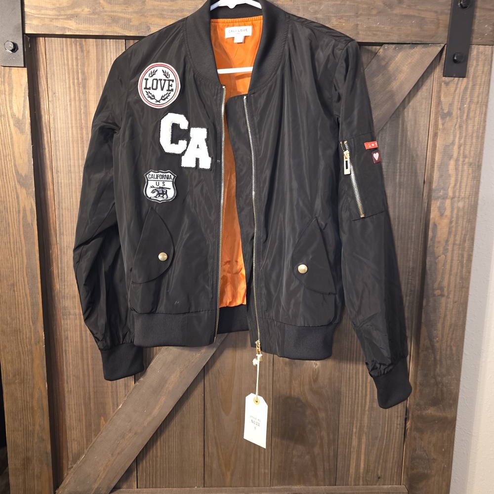 Cali Love mens Black poly orange lined jacket patches & embroidery Size S